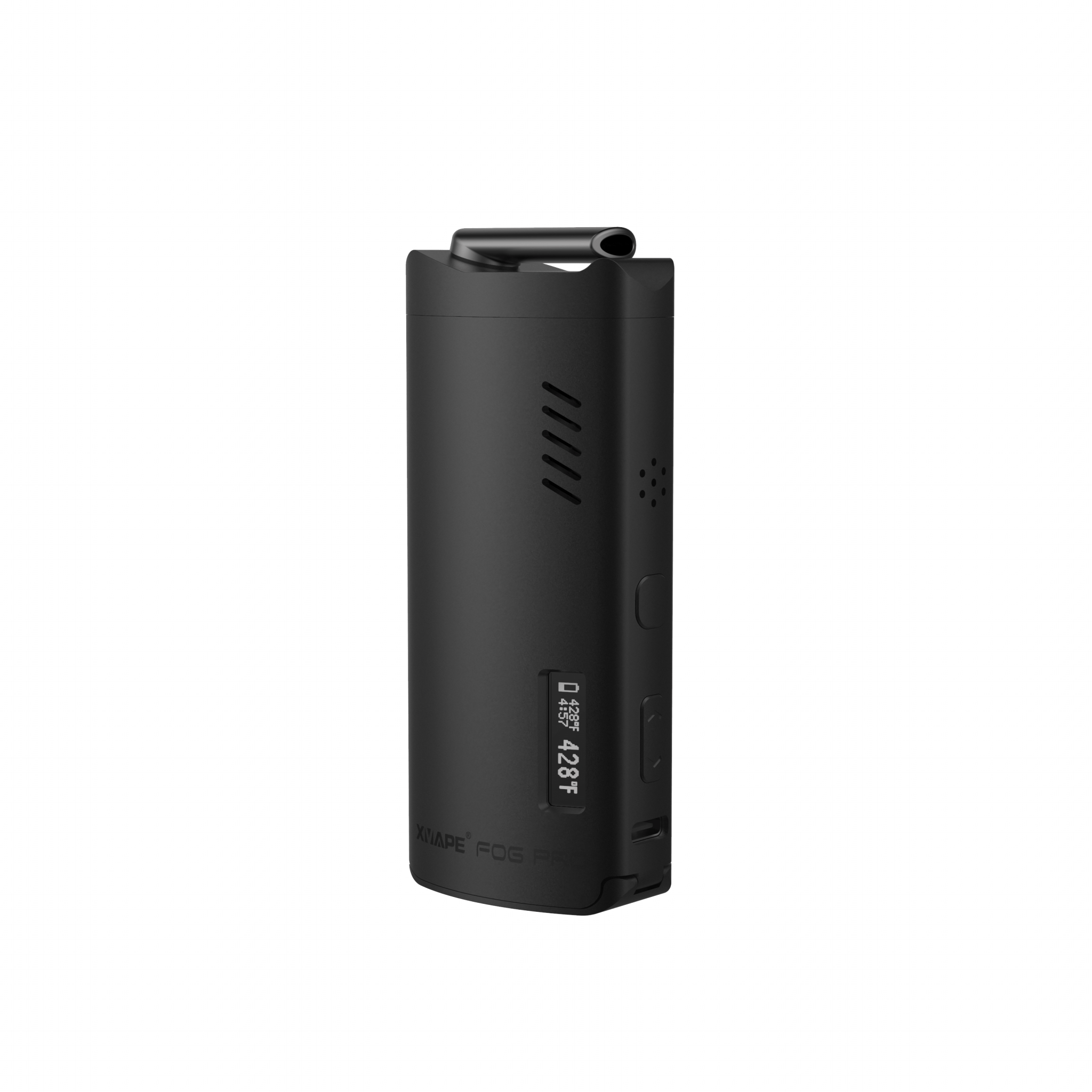 Vaporizador herbal marca Xvape fog pro color negro con boquilla cerrada vista frontal con pantalla encendida