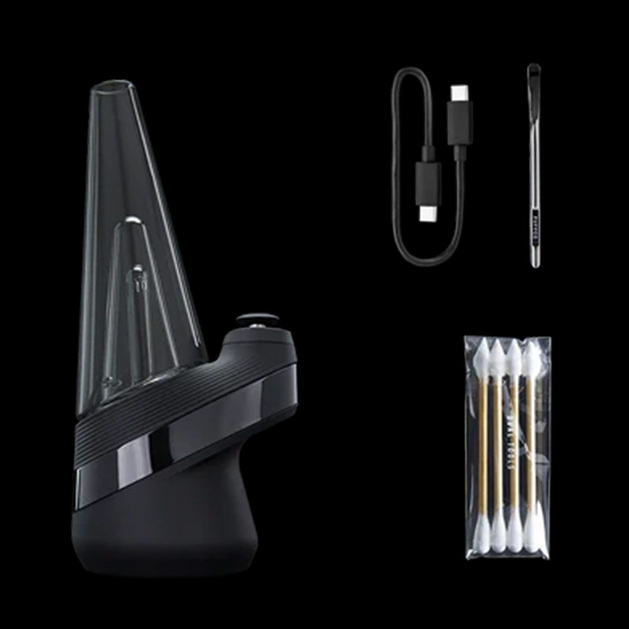 Vaporizador de extractos puffco peak vista lateral con accesorios color Onyx