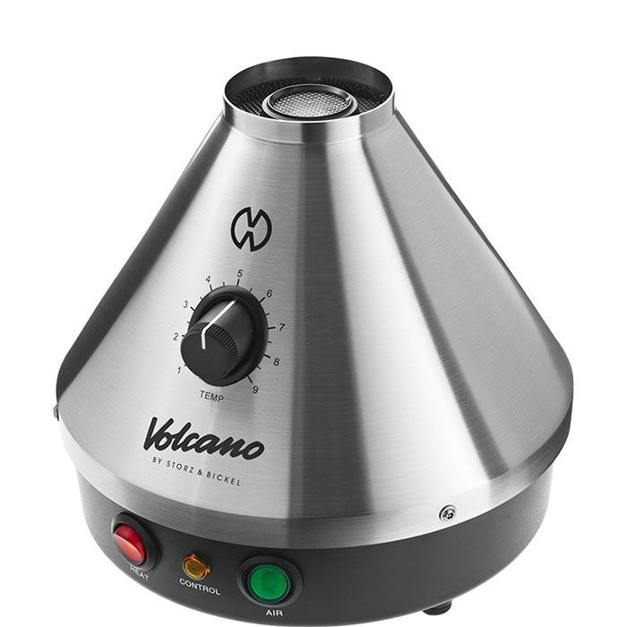 Vaporizador herbal marca Storz & Bickel Volcano Classic vista hornilla Lateral superior color silver
