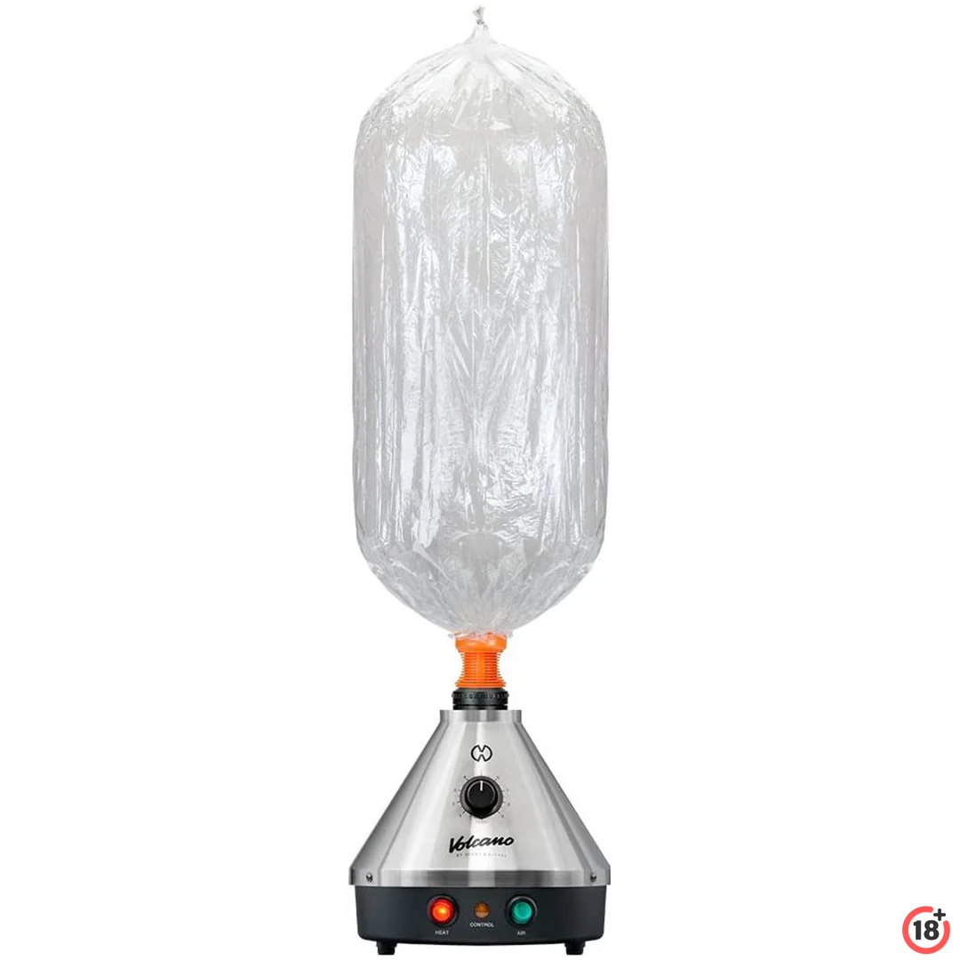 Vaporizador herbal marca Storz & Bickel Volcano Classic vista frontal acople globo a maxima capacidad color silver