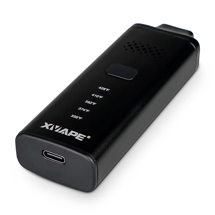 Vaporizador herbal marca Xvape Avant color negro con boquilla vista acostado puerto de carga